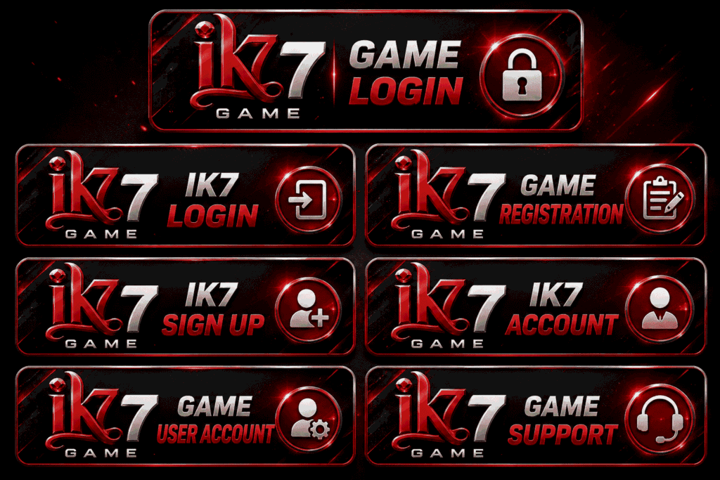 IK7 Game promotional graphic featuring seven red-and-black glossy panels for IK7 Game Login, IK7 Login, IK7 Game Registration, IK7 Sign Up, IK7 Account, IK7 Game User Account, and IK7 Game Support, with metallic 3D text and gaming-style icons