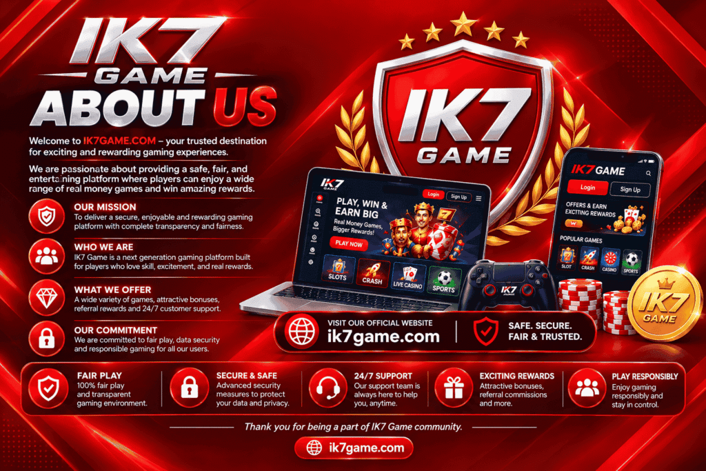IK7 Game About Us promotional banner with a bold red background, IK7 Game shield logo, laptop and mobile gaming displays, and sections highlighting the platform’s mission, security, support, rewards, and responsible gaming.