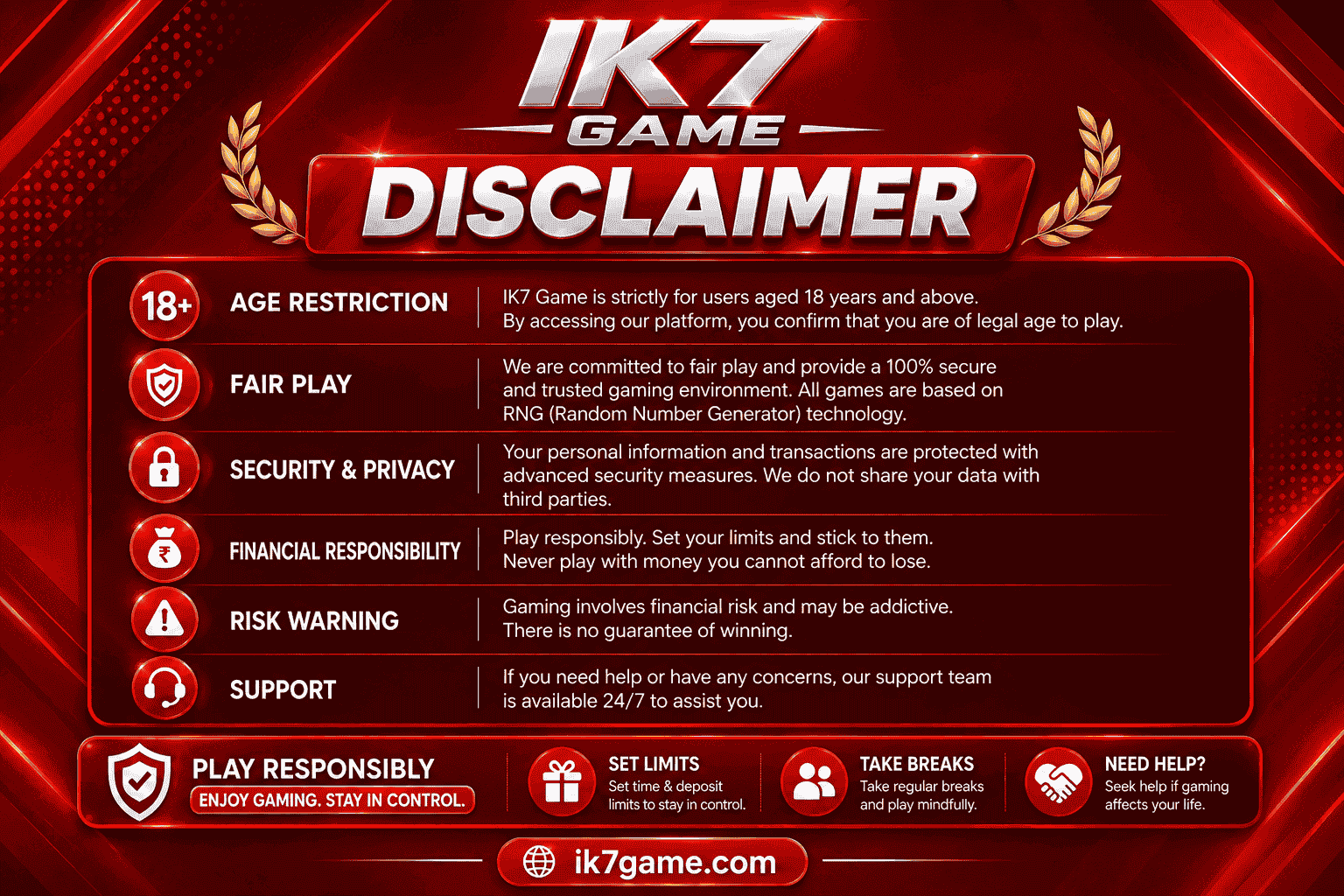 IK7 Game red-themed disclaimer poster featuring an 18+ age restriction, fair play, security and privacy, financial responsibility, risk warning, support, and responsible gaming information.