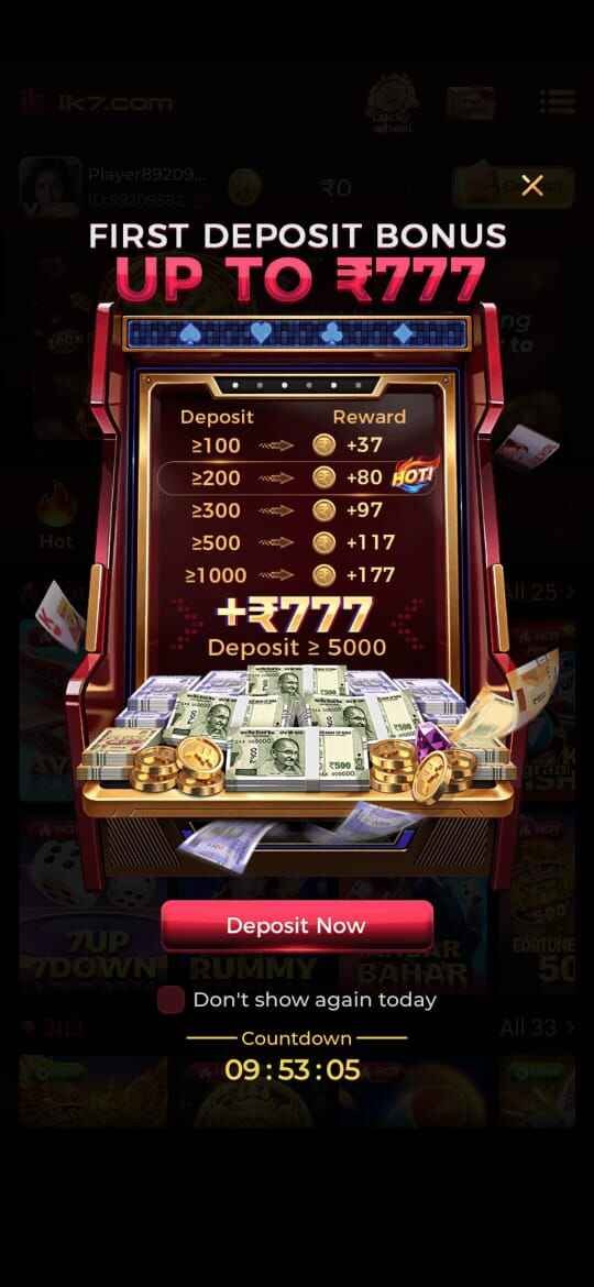 IK7 Game first deposit bonus offer up to ₹777